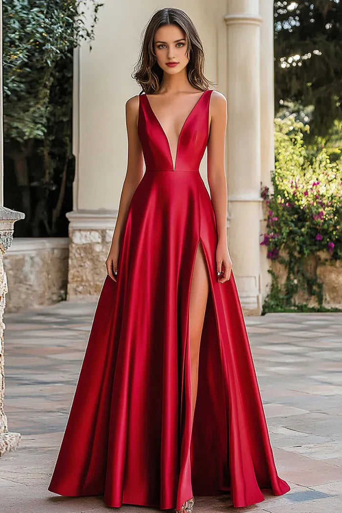 Robe Weitese simple trapèze rouge, col en V, satin, sans manches, robe de bal avec fente pour femme